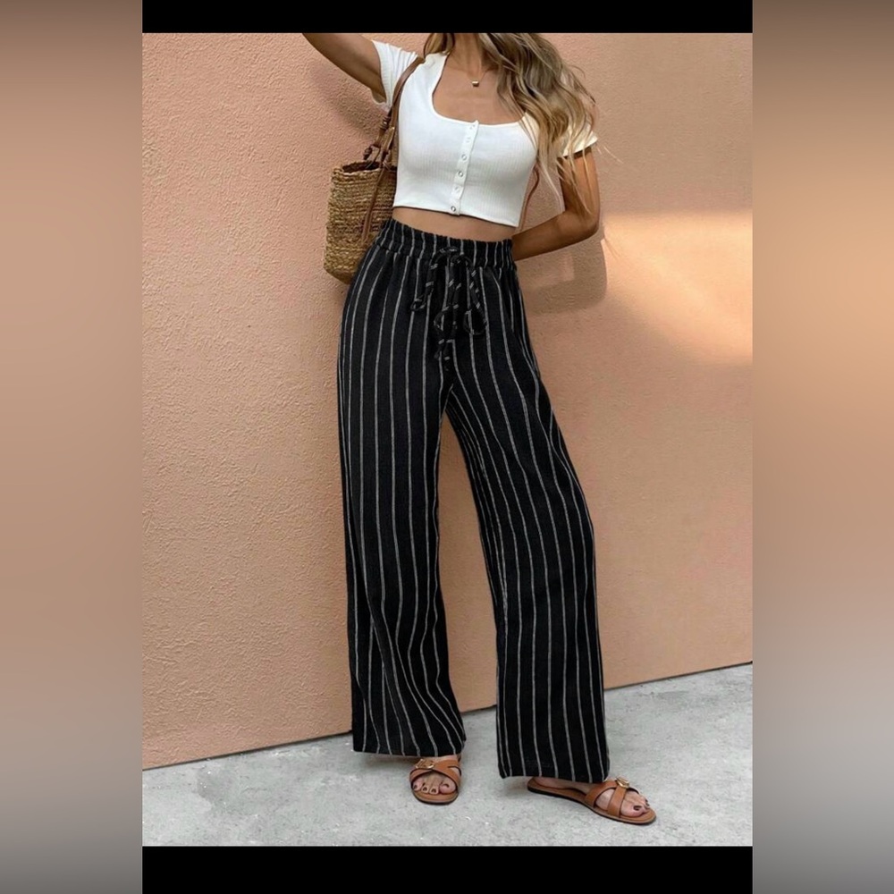 SHEIN Black and White Striped Wide-Leg Pants